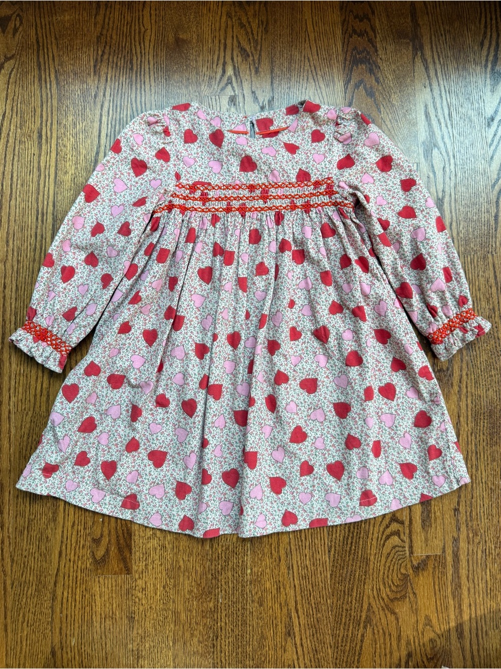 Mini Boden Corduroy Smocked Dress with Red & Light Pink Hearts 6-7 Years